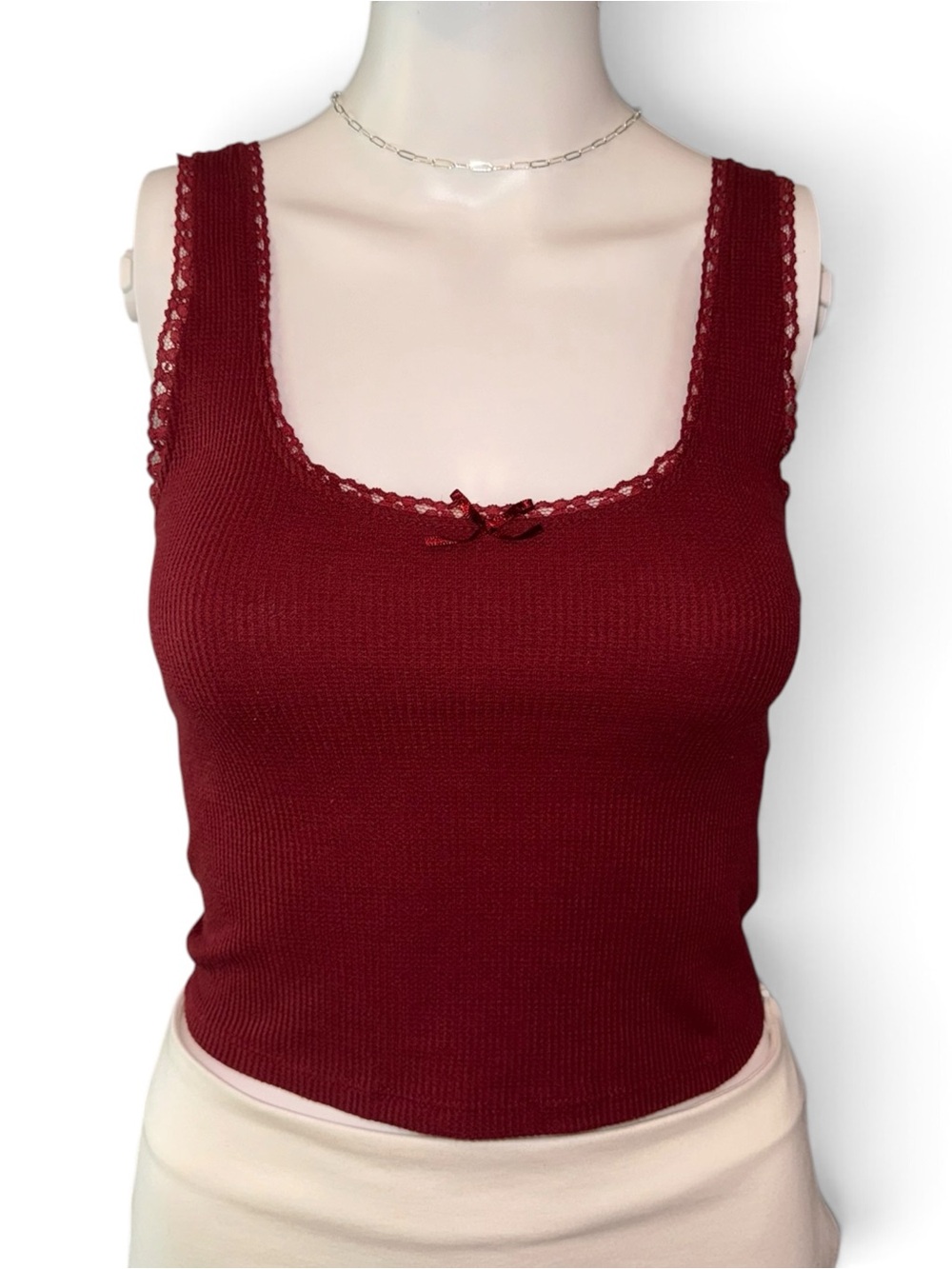 PacSun Burgundy Ribbed Camisole Top Lace Trim Size M
